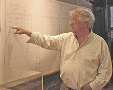 Stephen Rintoul Davenport III, Honorary Chairman of the exhibit, points to his family branch on the Davenport Genealogy Chart.