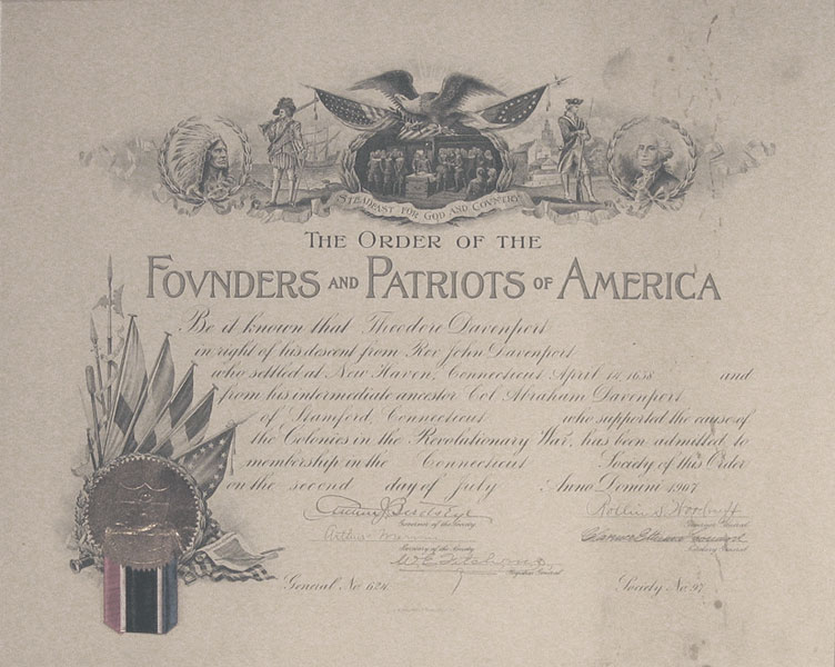Founders and Patriots of America certificate