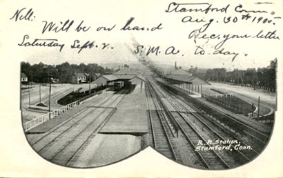 post card: Railroad Station, bird's eye view