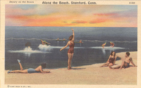 Undated postcard titled 'Along the Beach, Stamford, Conn., Beauty on the Beach.'