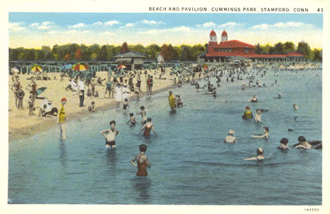 Undated postcard titled 'Beach and Pavilion, Cummings Park, Stamford, Conn.'