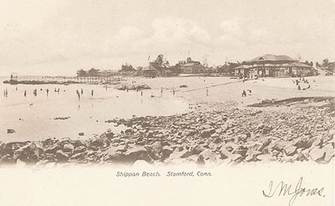 Postcard titled 'Shippan Beach, Stamford, Conn. Cancelled April 26, no year on stamp.