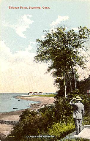 Undated postcard titled 'Shippan Point, Stamford, Conn.' A gentleman looks towards the Point.