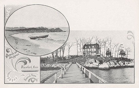 Undated postcard titled 'Beach at Shippan, Stamford.Conn., Sound View.'  The house is the Skiddy house on Pound Rock, 348 Weed Avenue, Cove Pond