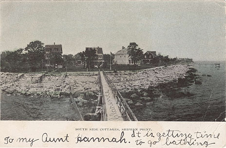 Undated postcard of summer cottages with inscription. The wtriter put his name on the pier.