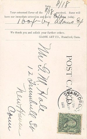 Back of the 1908 postcard showing an order confirmation.
