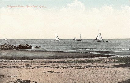 Undated postcard titled 'Shippan Point, Stamford, Conn.' Long Island Sound. Long Isalnd Sound with sailboats.