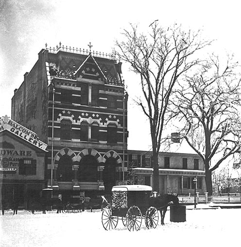 First National Bank Building, Atlantic Sqare, snow scene with horse cart